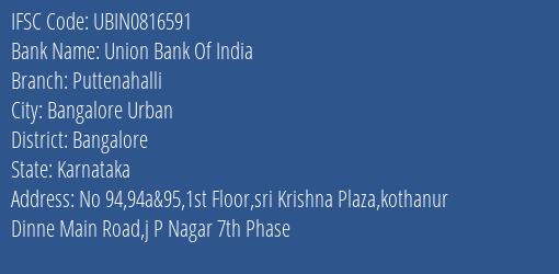 Union Bank Of India Puttenahalli Branch IFSC Code