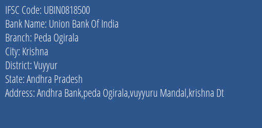 Union Bank Of India Peda Ogirala Branch, Branch Code 818500 & IFSC Code Ubin0818500
