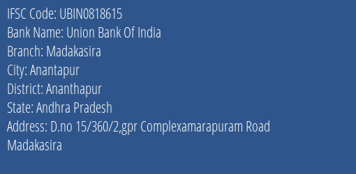 Union Bank Of India Madakasira Branch, Branch Code 818615 & IFSC Code Ubin0818615