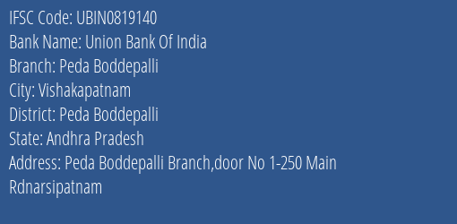Union Bank Of India Peda Boddepalli Branch Peda Boddepalli IFSC Code UBIN0819140