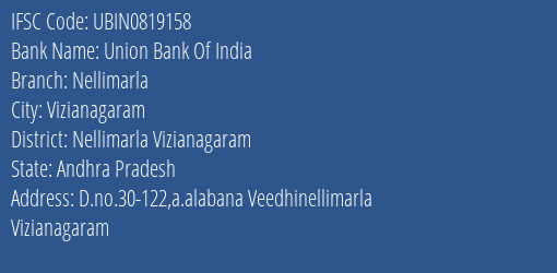 Union Bank Of India Nellimarla Branch Nellimarla Vizianagaram IFSC Code UBIN0819158