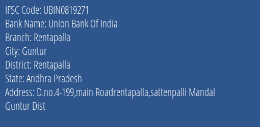 Union Bank Of India Rentapalla Branch Rentapalla IFSC Code UBIN0819271