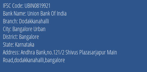 Union Bank Of India Dodakkanahalli Branch IFSC Code