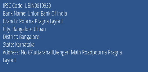 Union Bank Of India Poorna Pragna Layout Branch, Branch Code 819930 & IFSC Code UBIN0819930