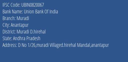 Union Bank Of India Muradi Branch Muradi D.hirehal IFSC Code UBIN0820067