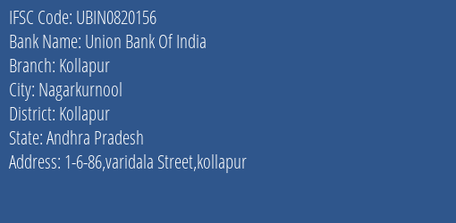 Union Bank Of India Kollapur Branch Kollapur IFSC Code UBIN0820156
