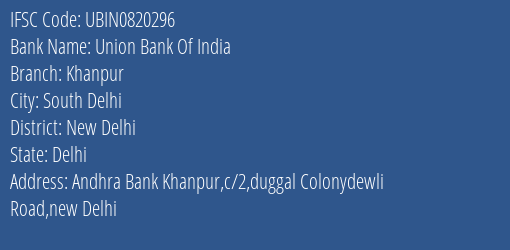 Union Bank Of India Khanpur Branch New Delhi IFSC Code UBIN0820296