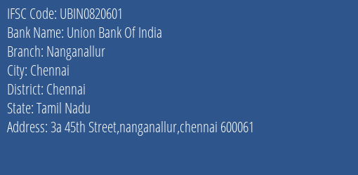 Union Bank Of India Nanganallur Branch, Branch Code 820601 & IFSC Code UBIN0820601
