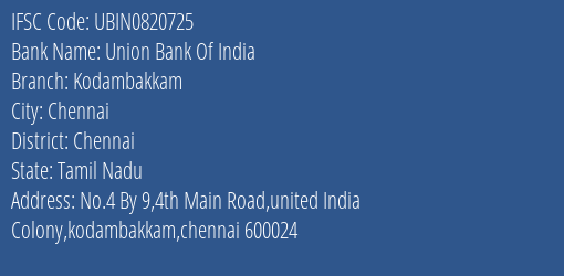 Union Bank Of India Kodambakkam Branch, Branch Code 820725 & IFSC Code UBIN0820725