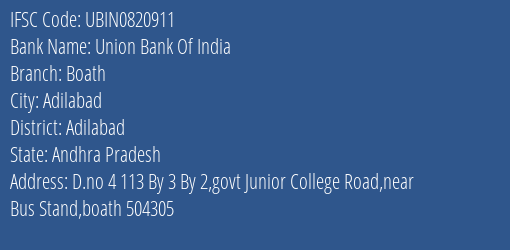 Union Bank Of India Boath Branch Adilabad IFSC Code UBIN0820911