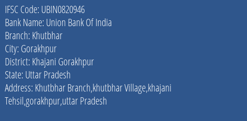 Union Bank Of India Khutbhar Branch, Branch Code 820946 & IFSC Code UBIN0820946