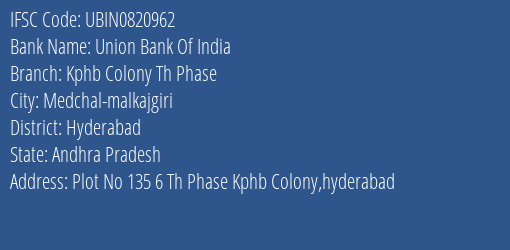 Union Bank Of India Kphb Colony Th Phase Branch Hyderabad IFSC Code UBIN0820962