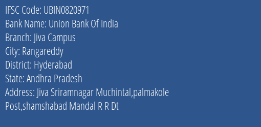 Union Bank Of India Jiva Campus Branch Hyderabad IFSC Code UBIN0820971