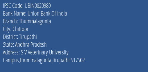 Union Bank Of India Thummalagunta Branch Tirupathi IFSC Code UBIN0820989