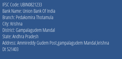 Union Bank Of India Pedakomira Thotamula Branch Gampalagudem Mandal IFSC Code UBIN0821233
