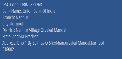 Union Bank Of India Nannur Branch Nannur Village Orvakal Mandal IFSC Code UBIN0821268