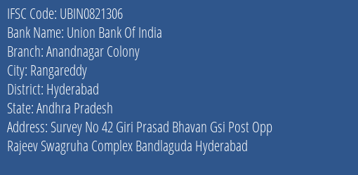 Union Bank Of India Anandnagar Colony Branch Hyderabad IFSC Code UBIN0821306