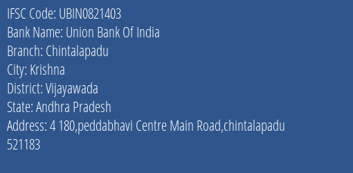 Union Bank Of India Chintalapadu Branch Vijayawada IFSC Code UBIN0821403
