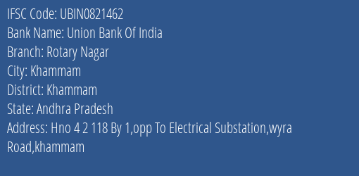 Union Bank Of India Rotary Nagar Branch, Branch Code 821462 & IFSC Code UBIN0821462
