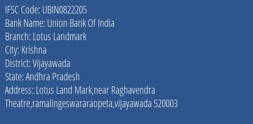 Union Bank Of India Lotus Landmark Branch Vijayawada IFSC Code UBIN0822205