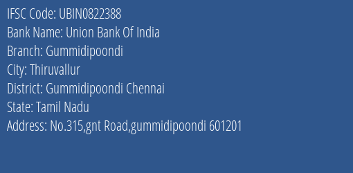 Union Bank Of India Gummidipoondi Branch, Branch Code 822388 & IFSC Code UBIN0822388