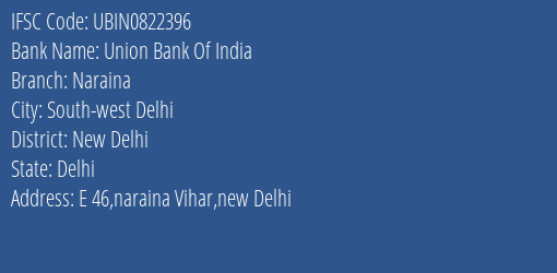 Union Bank Of India Naraina Branch, Branch Code 822396 & IFSC Code UBIN0822396