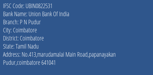 Union Bank Of India P N Pudur Branch, Branch Code 822531 & IFSC Code UBIN0822531