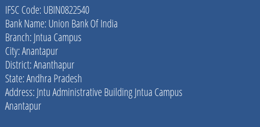 Union Bank Of India Jntua Campus Branch Ananthapur IFSC Code UBIN0822540