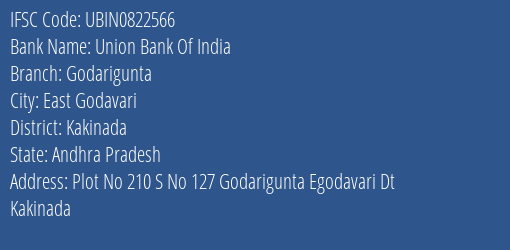 Union Bank Of India Godarigunta Branch Kakinada IFSC Code UBIN0822566