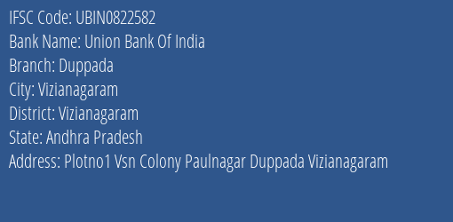 Union Bank Of India Duppada Branch Vizianagaram IFSC Code UBIN0822582