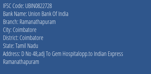 Union Bank Of India Ramanathapuram Branch, Branch Code 822728 & IFSC Code UBIN0822728