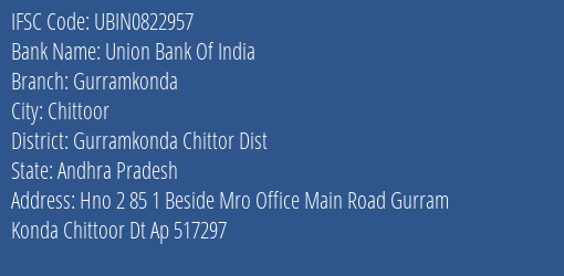 Union Bank Of India Gurramkonda Branch Gurramkonda Chittor Dist IFSC Code UBIN0822957