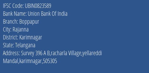 Union Bank Of India Boppapur Branch Karimnagar IFSC Code UBIN0823589
