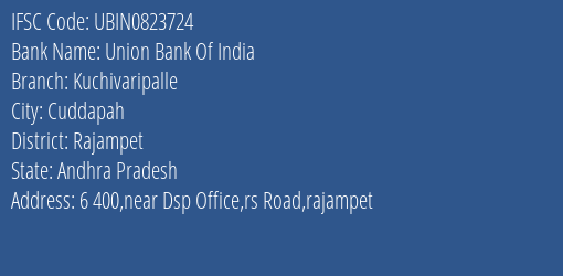 Union Bank Of India Kuchivaripalle Branch Rajampet IFSC Code UBIN0823724