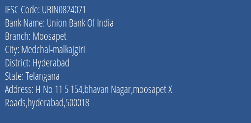 Union Bank Of India Moosapet Branch Hyderabad IFSC Code UBIN0824071