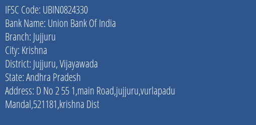 Union Bank Of India Jujjuru Branch Jujjuru Vijayawada IFSC Code UBIN0824330