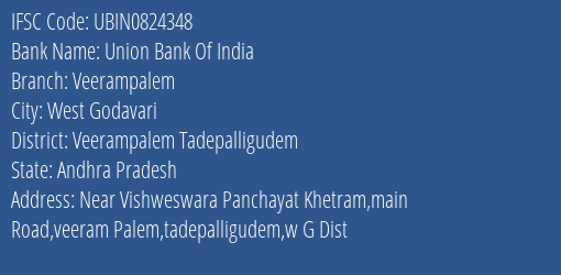 Union Bank Of India Veerampalem Branch Veerampalem Tadepalligudem IFSC Code UBIN0824348