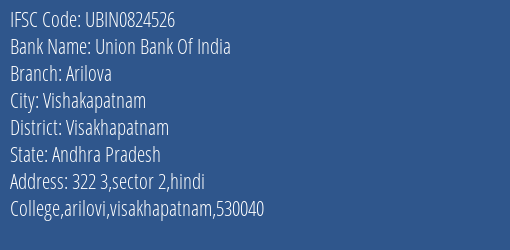 Union Bank Of India Arilova Branch Visakhapatnam IFSC Code UBIN0824526