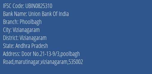 Union Bank Of India Phoolbagh Branch Vizianagaram IFSC Code UBIN0825310