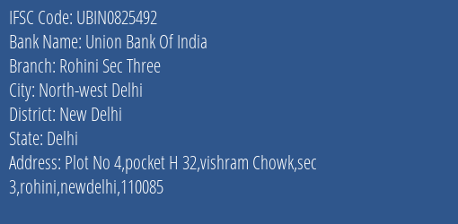 Union Bank Of India Rohini Sec Three Branch New Delhi IFSC Code UBIN0825492