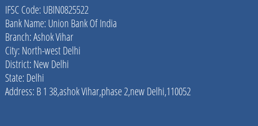 Union Bank Of India Ashok Vihar Branch, Branch Code 825522 & IFSC Code UBIN0825522