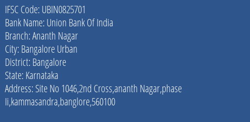 Union Bank Of India Ananth Nagar Branch Bangalore IFSC Code UBIN0825701