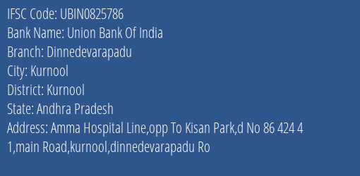 Union Bank Of India Dinnedevarapadu Branch Kurnool IFSC Code UBIN0825786