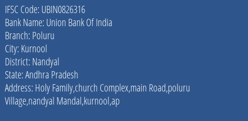 Union Bank Of India Poluru Branch Nandyal IFSC Code UBIN0826316