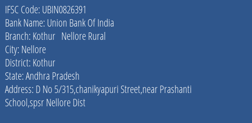 Union Bank Of India Kothur Nellore Rural Branch Kothur IFSC Code UBIN0826391