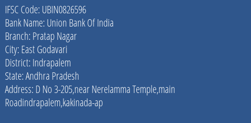 Union Bank Of India Pratap Nagar Branch Indrapalem IFSC Code UBIN0826596
