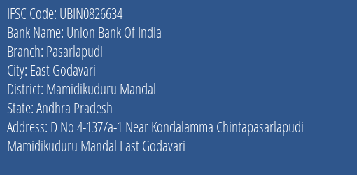 Union Bank Of India Pasarlapudi Branch Mamidikuduru Mandal IFSC Code UBIN0826634