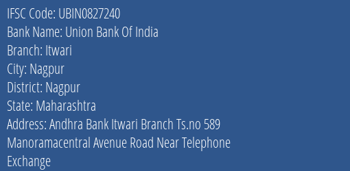 Union Bank Of India Itwari Branch, Branch Code 827240 & IFSC Code Ubin0827240