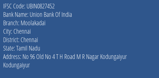 Union Bank Of India Moolakadai Branch, Branch Code 827452 & IFSC Code UBIN0827452