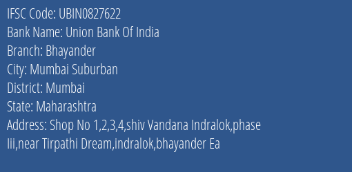 Union Bank Of India Bhayander Branch, Branch Code 827622 & IFSC Code UBIN0827622